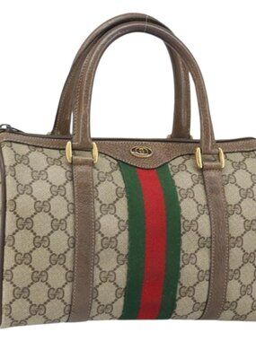 GUCCI GG Supreme Web Sherry Line Hand Bag PVC Beige Gold 39 02 006 Auth 170110